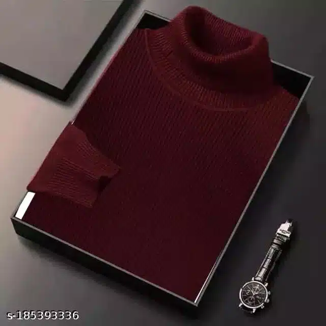 Cotton Blend High Neck Sweater for Men (Maroon, M)