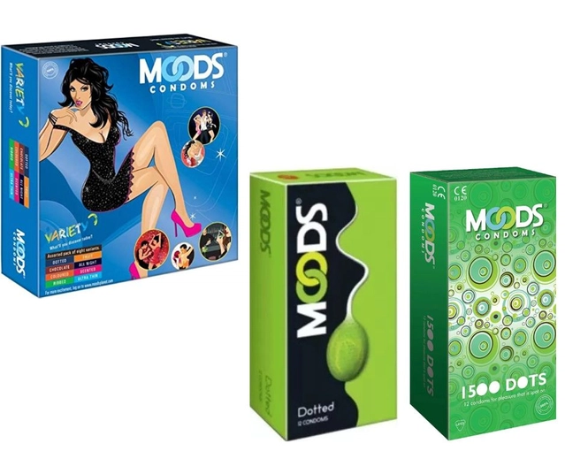 Moods 1500 Dots (2x12 Pcs) & Variety (16 Pcs) Dotted Condoms for Men (Set of 3)