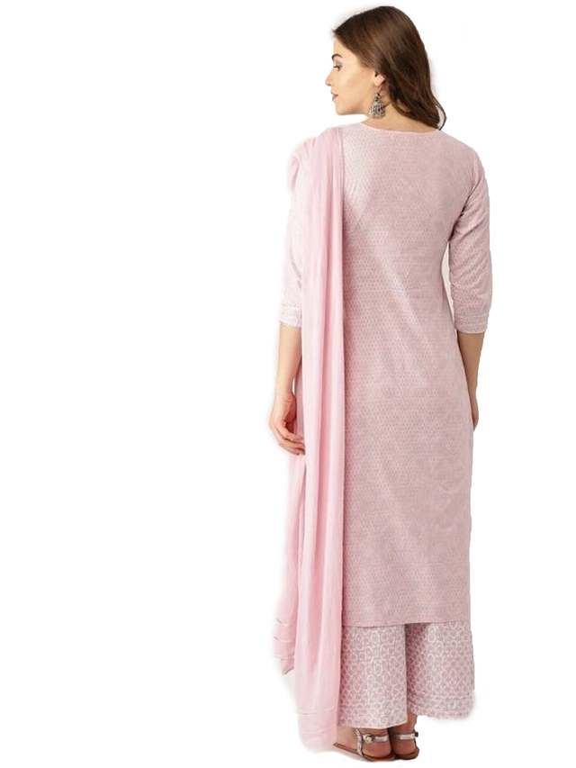 Cotton Blend Solid Kurta with Bottomwear for Women (Pink, S)