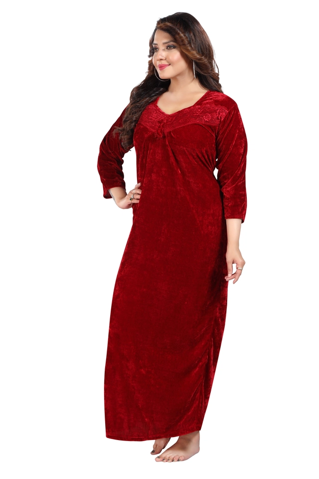 Velvet Solid Nightdress for Women (Maroon, Free Size)