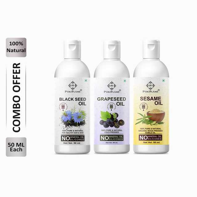 Puriflame Pure Black Seed Oil (50 ml), Grapeseed Oil (50 ml) & Sesame Oil (50 ml) Combo for Rapid Hair Growth (Pack Of 3) (B-9646)