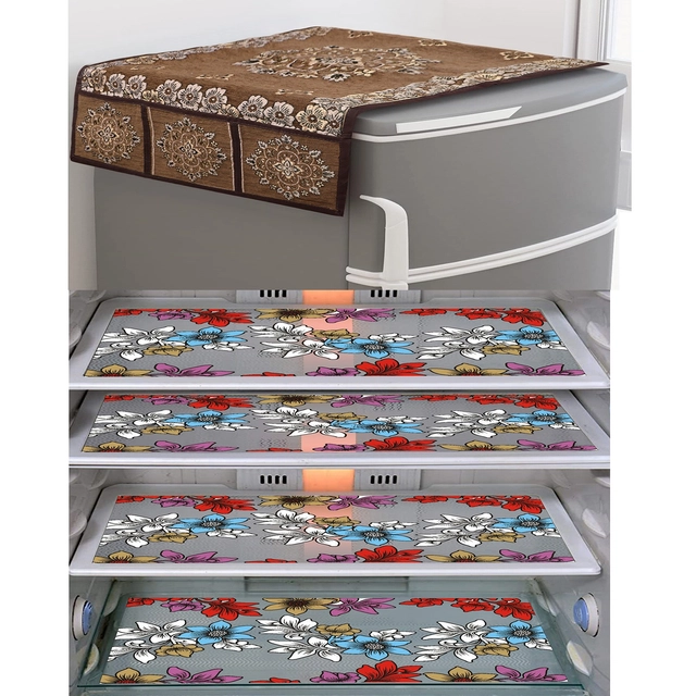 PVC Waterproof Fridge Top Cover with 4 Pcs Shelf Mats (Multicolor, Set of 1)