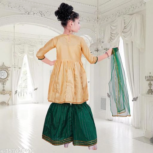 Poly Silk Kurta Sets for Girls (Beige & Green, 2-3 Years)