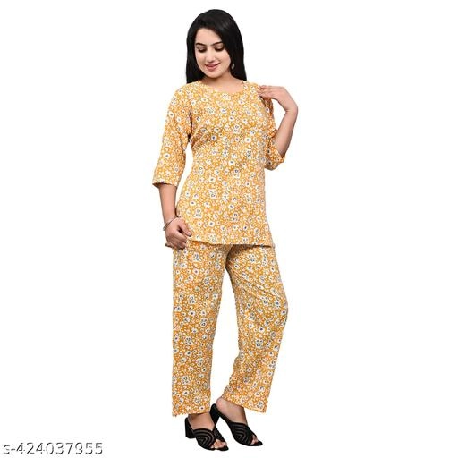 Rayon Printed Nightsuit for Women (Mustard, S)