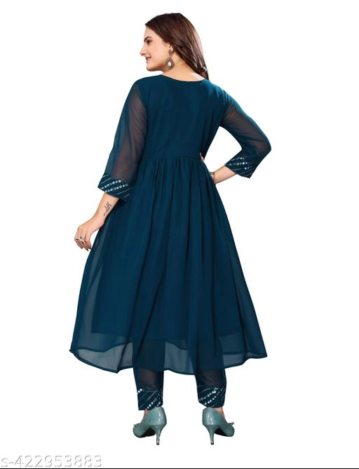 Georgette Embroidered Anarkali Kurti with Pant for Women (Teal, S)