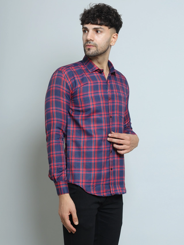 Full Sleeves Checked Shirt for Men (Red & Blue, M)