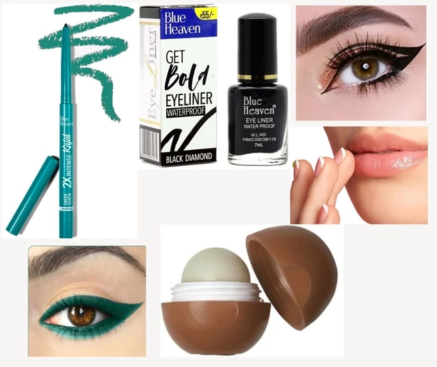 Combo of Blue Heaven Waterproof Eyeliner with 2x Intense Kajal & Lip Balm (Multicolor, Set of 3)