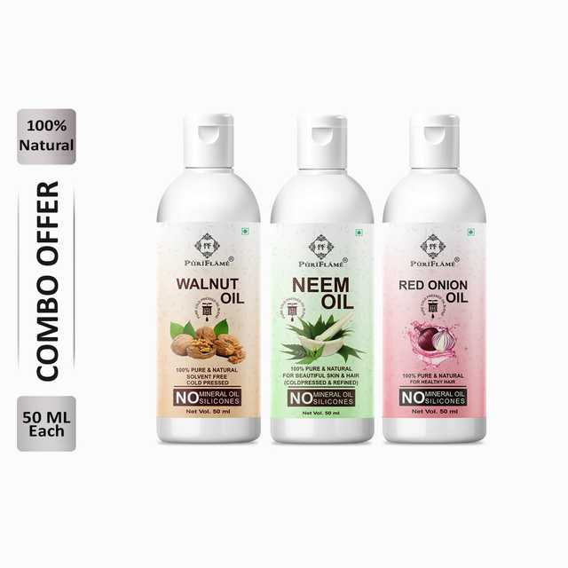 Puriflame Pure Walnut Oil (50 ml), Neem Oil (50 ml) & Red Onion Oil (50 ml) Combo for Rapid Hair Growth (Pack Of 3) (B-14014)