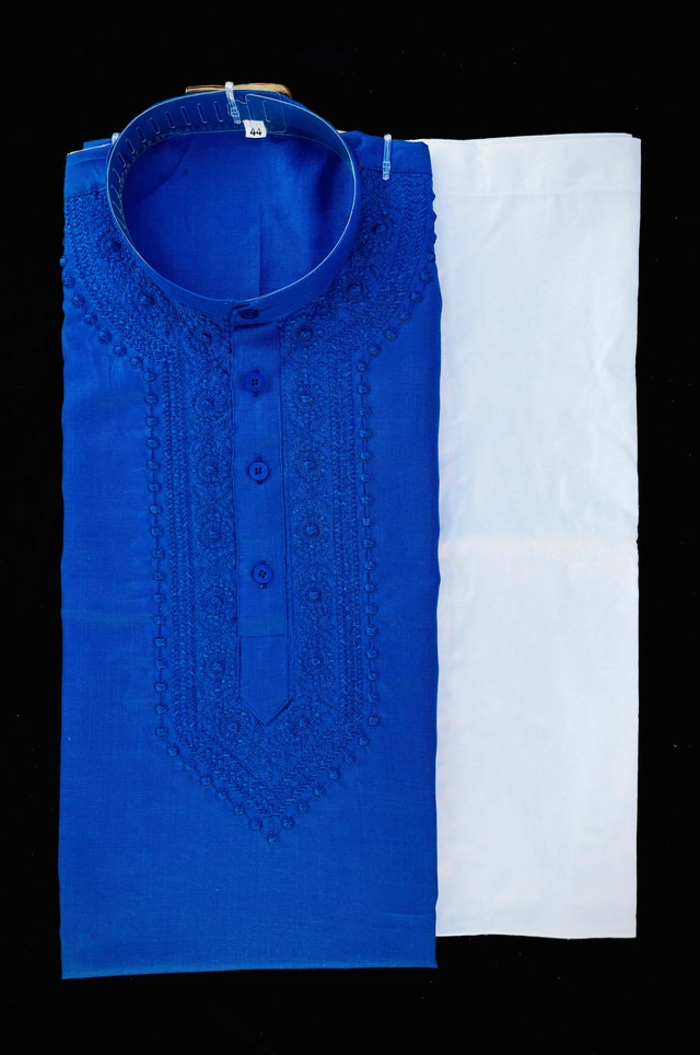 Cotton Embroidered Kurta with Pyjama for Men (Blue & White, M)