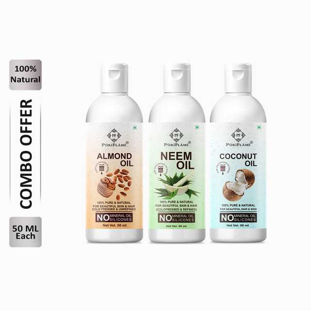 Puriflame Pure Almond Oil (50 ml), Neem Oil (50 ml) & Coconut Oil ( 50 ml) Combo for Rapid Hair Growth (Pack Of 3) (B-8786)