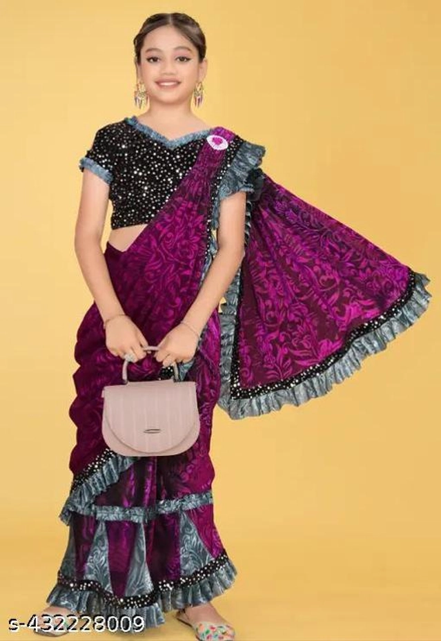 Self-Design Fancy Saree for Girls with Blouse (Wine, 3-4 Years)