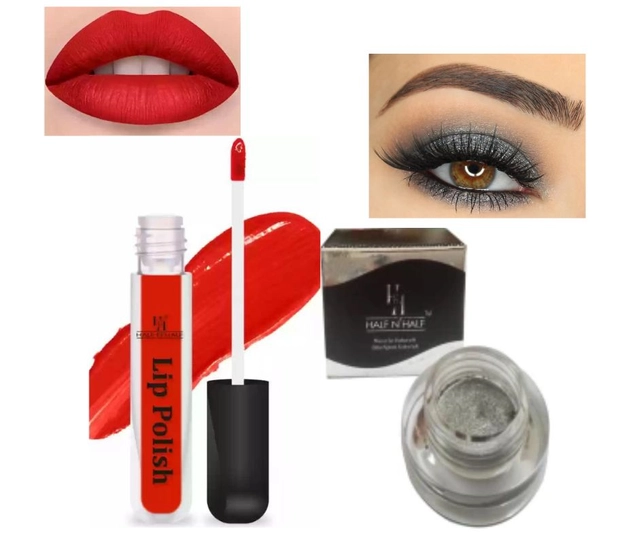 Combo of Smokey Glitter Pigment Eyeshadow with Lip Polish (Grey & Red, Set of 2)