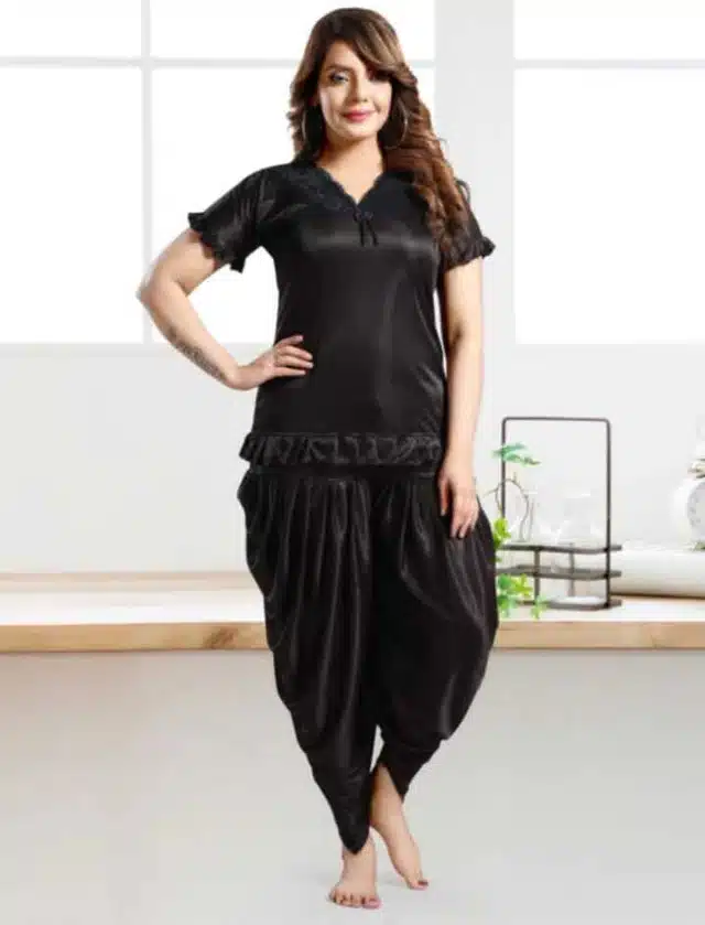 Satin Solid Night Suit for Women (Black, M)
