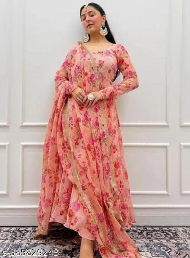 Rayon Printed Gown with Dupatta & Pant for Women (Peach, S)