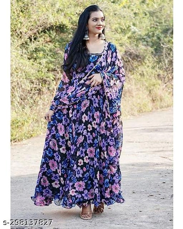 Georgette Printed Gown with Dupatta for Women (Blue, S)