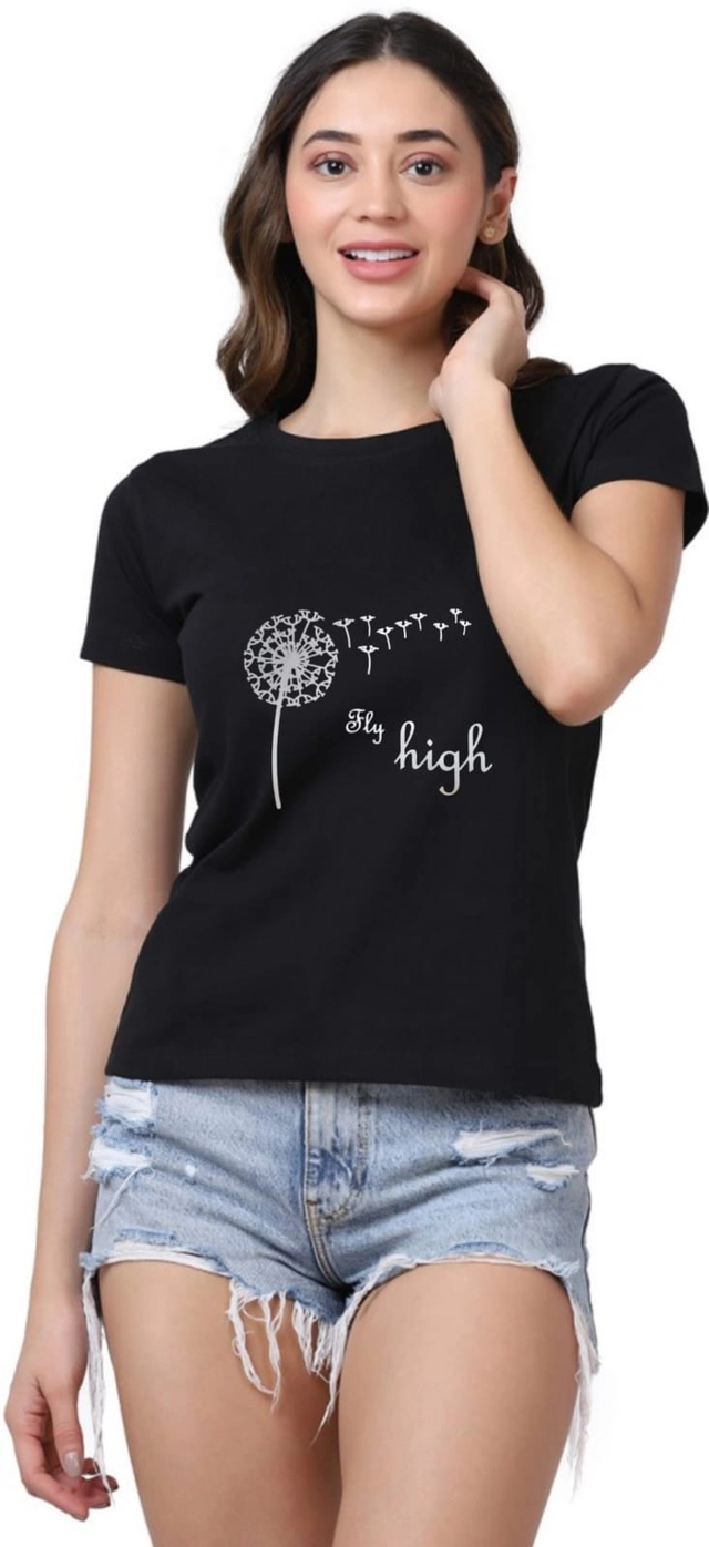 Round Neck Printed T-Shirt for Women (Black, S)