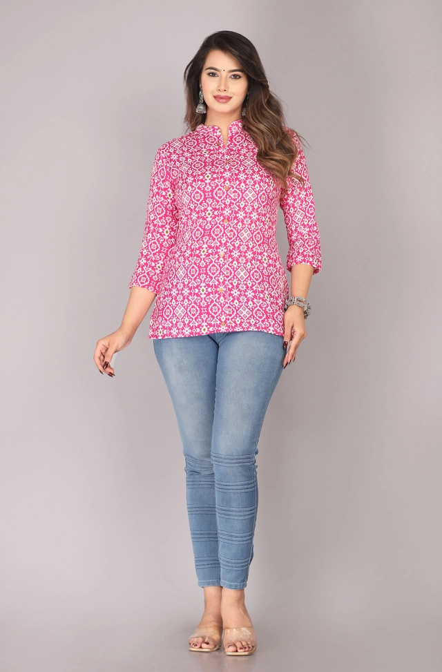 Viscose Rayon Printed Short Kurti for Women (Pink, XS)