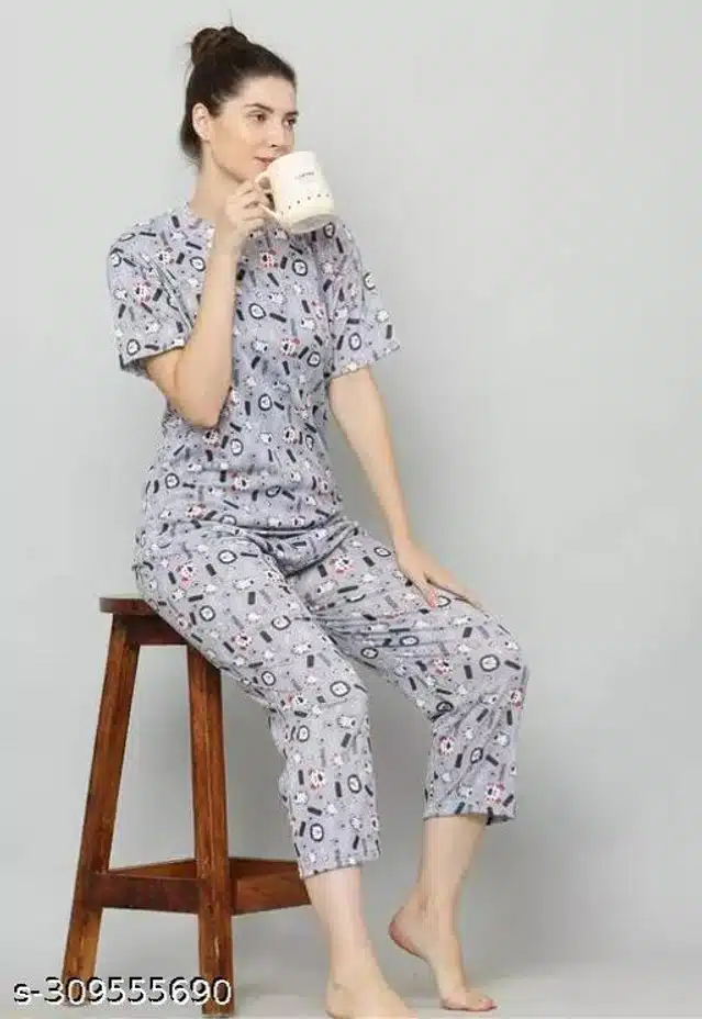 Cotton Blend Nightsuit for Women (Grey, S)