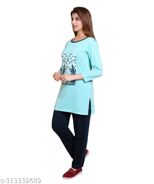 Woolen Nightsuit for Women (Aqua Blue, M)