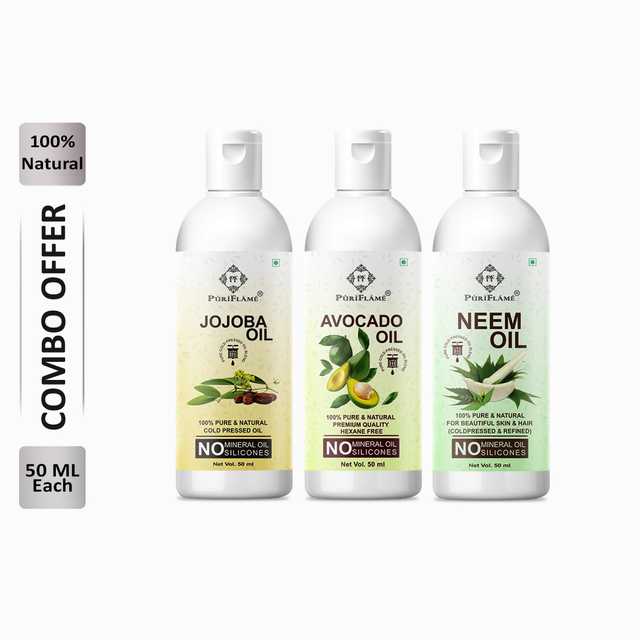 Puriflame Pure Jojoba Oil (50 ml), Avocado Oil (50 ml) & Neem Oil ( 50 ml) Combo for Rapid Hair Growth (Pack Of 3) (B-11392)