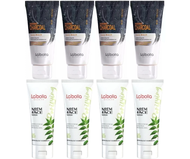 Combo of Labolia Beaute 4 Pcs Neem & 4 Pcs Activated Charcoal Face Washes (50 g, Set of 8)