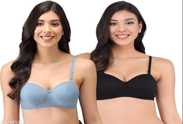 Cotton Blend Solid Padded Bra for Women (Blue & Black, 30B) (Pack of 2)