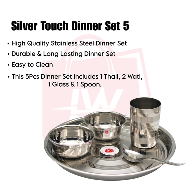 Stainless Steel Thali, 2 Pcs Bowls, Glass & Spoon Dinner Set (Silver, Set of 5)