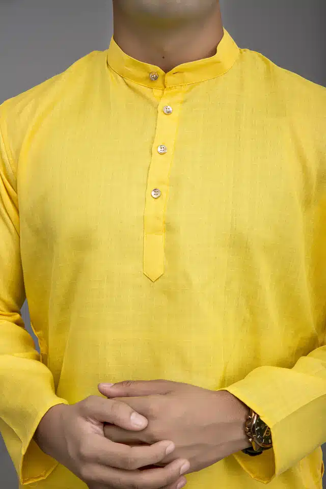 Long Kurta with Pajama Set for Men (Yellow, M)