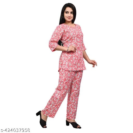 Rayon Printed Nightsuit for Women (Red, S)