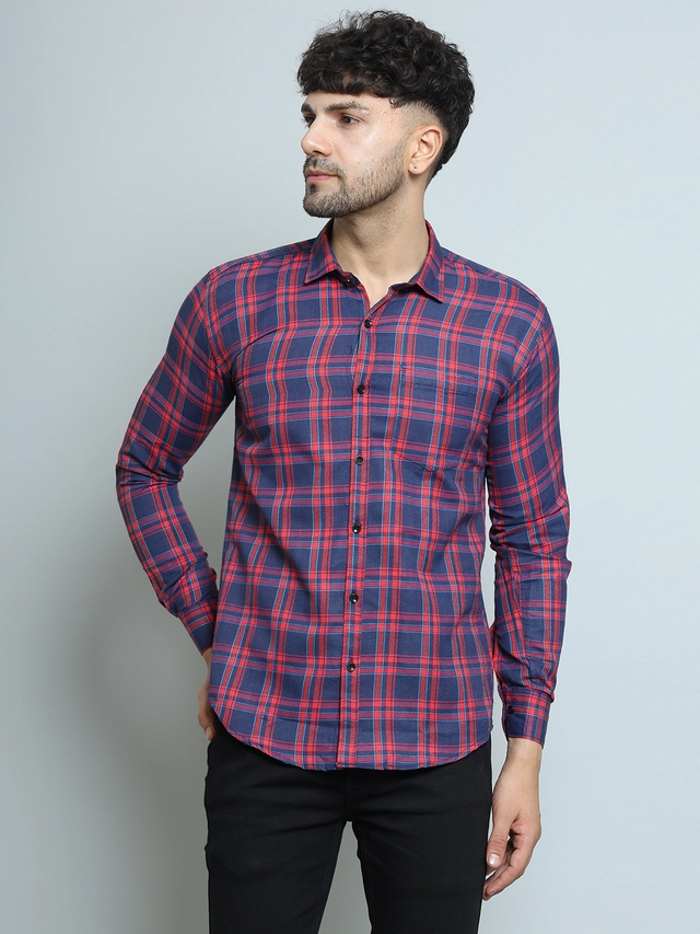 Full Sleeves Checked Shirt for Men (Red & Blue, M)