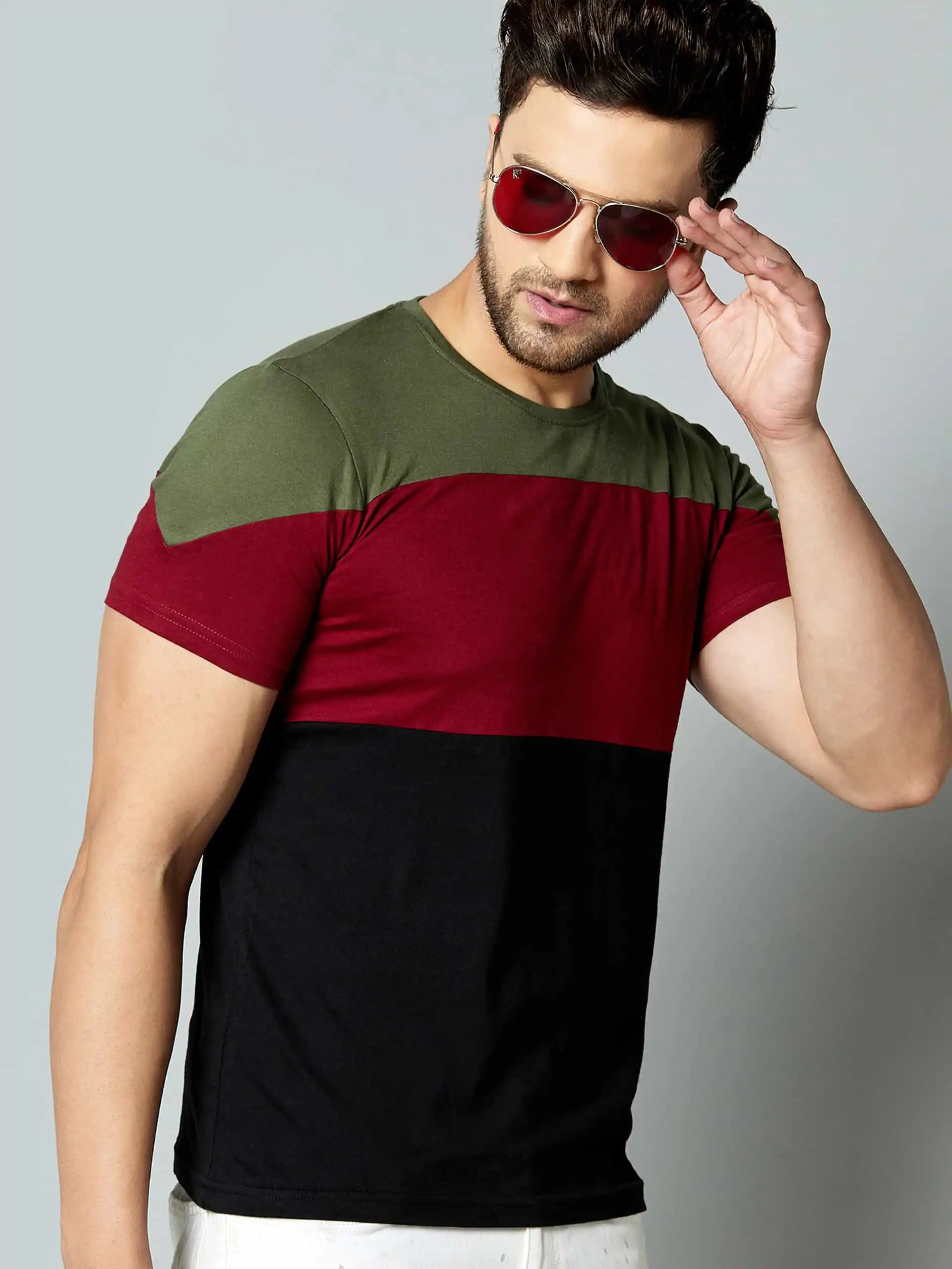 Ausk हाफ स्लीव कलर ब्लॉक टी-शर्ट (मल्टी, L) (AK-352)