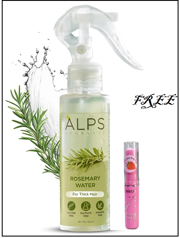 Combo of Alps Goodness Rosemary Water Hair Spray for Thick Hair (200 ml) & Strawberry Lip Balm (Set of 2)