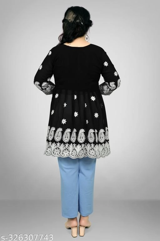 Georgette Chikankari Top for Women (Black, XL)