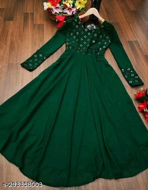 Georgette Embroidered Anarkali Kurti for Women (Green, S)