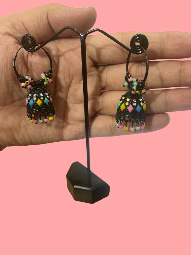 Metal Stone Jhumki Earrings for Women & Girls (Multicolor, Set of 1)