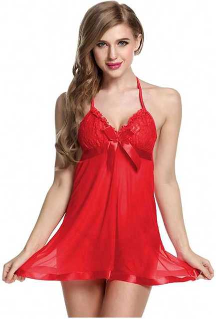 Beach Curve Women Netted Lace Self-Design Baby Doll Set (Red) (Bc_05)