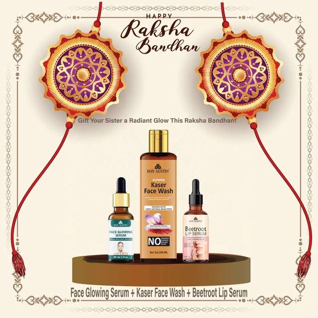 Combo of Bon Austin Face Glowing Serum (30 ml) with Glowing Kesar Face Wash (200 ml) & Beetroot Lip Serum (30 ml) (Set of 3)