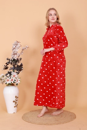 Woolen Polka Dots Nightdress for Women (Red, Free Size)