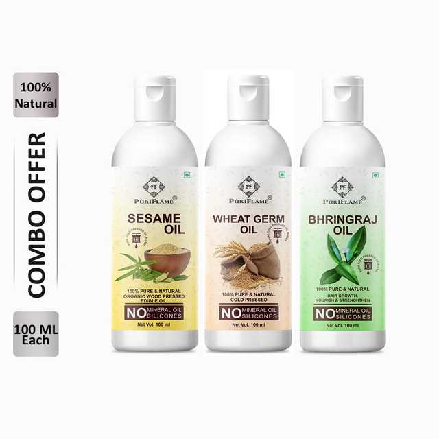 PuriFlame Pure Sesame Oil (100 ml) & Wheat Germ Oil (100 ml) & Bhringraj Oil (100 ml) Combo For Rapid Hair Growth (Pack Of 3) (B-7725)