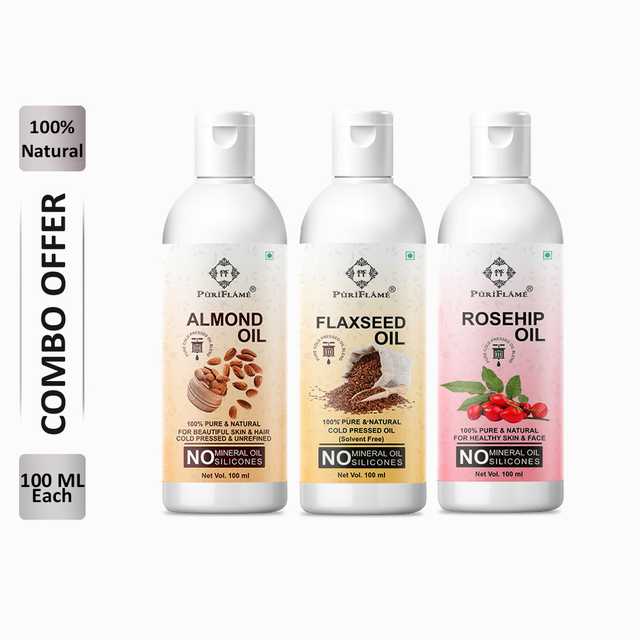 PuriFlame Pure Almond Oil (100 ml) & Flaxseed Oil (100 ml) & Rosehip Oil (100 ml) Combo For Rapid Hair Growth (Pack Of 3) (B-1707)