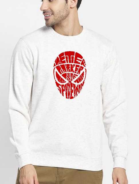 3 Thread Cotton Melange Fleece Spiderman Sweatshirt for Men (White & Red, L) (SI-44)