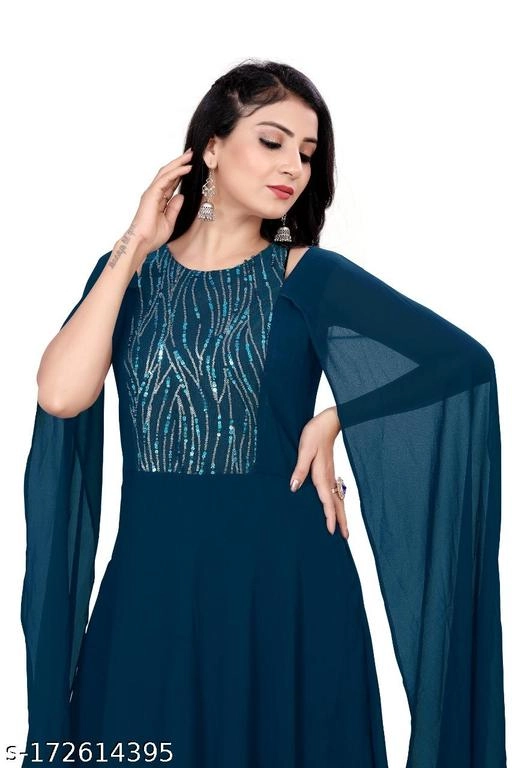 Georgette Embellished Dress for Women (Teal, S)