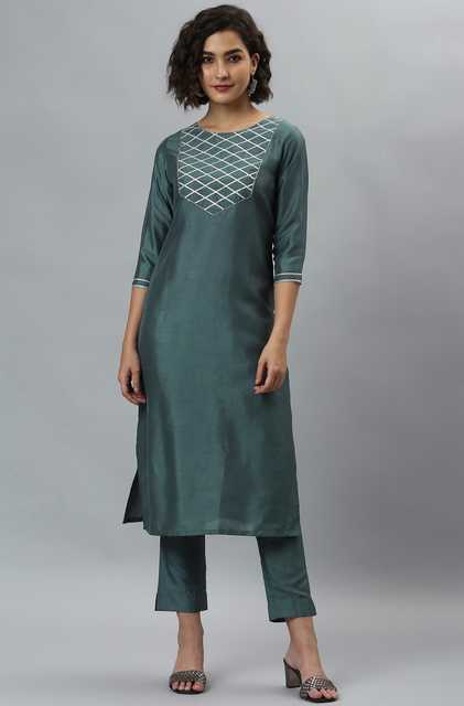 Premium Elegant Poly Silk Women Solid Kurta With Pant (Grey, M) (TB-583)