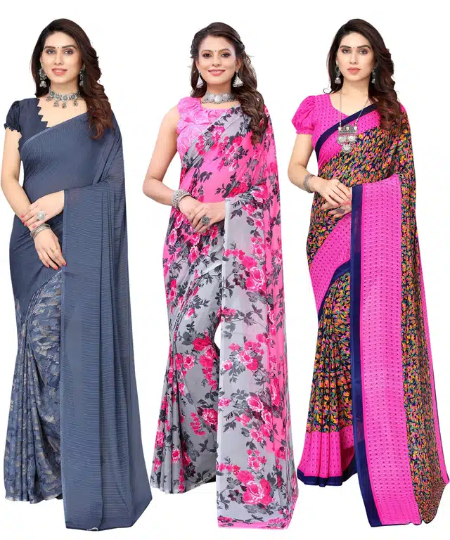 Women's Designer Floral Printed Saree with Blouse Piece (Pack of 3) (Multicolor) (SD-245)