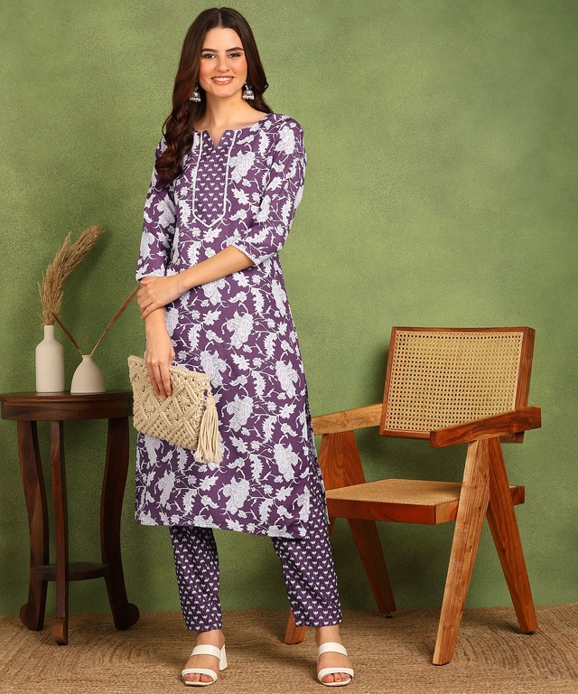 Rayon Printed Kurti with Pant for Women (Purple, S)