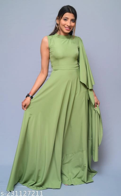 Crepe Solid Gown for Women (Sea Green, XS)