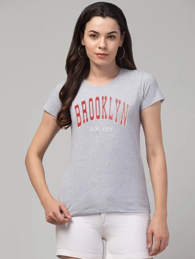 Round Neck Printed T-Shirt for Women (Grey, S)