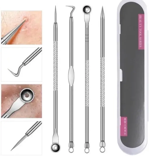 Stainless Steel 4 Pcs Acne Blackhead Remover (Silver, Set of 2)