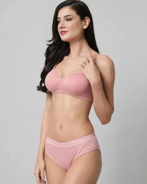 Cotton Blend Solid Padded Bra Lingerie Set for Women (Pink, 30B)