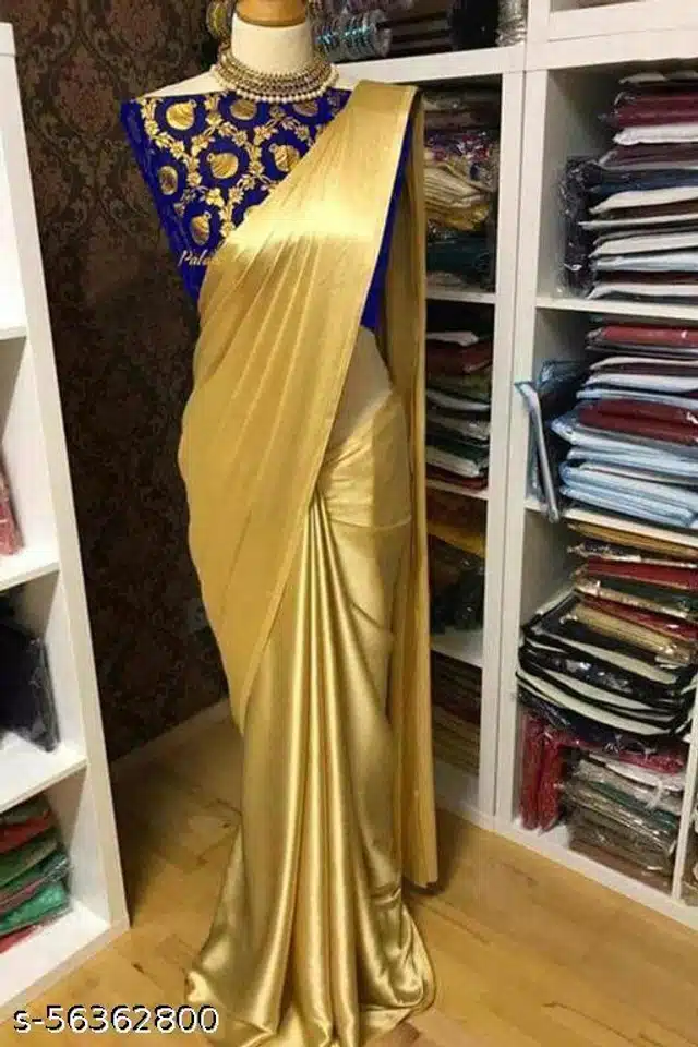 Satin Saree for Women (Gold, 6.3 m)